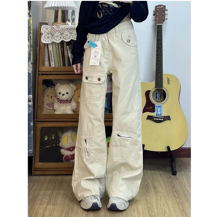 小个子复古多口袋设计感拖地宽松喇叭裤女新款美式工装微喇牛仔裤