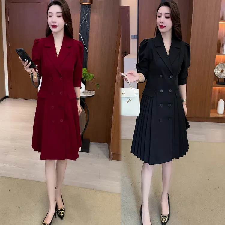 连衣裙B7003 2025秋季气质女装中长裙西装领职业小个子修身裙子