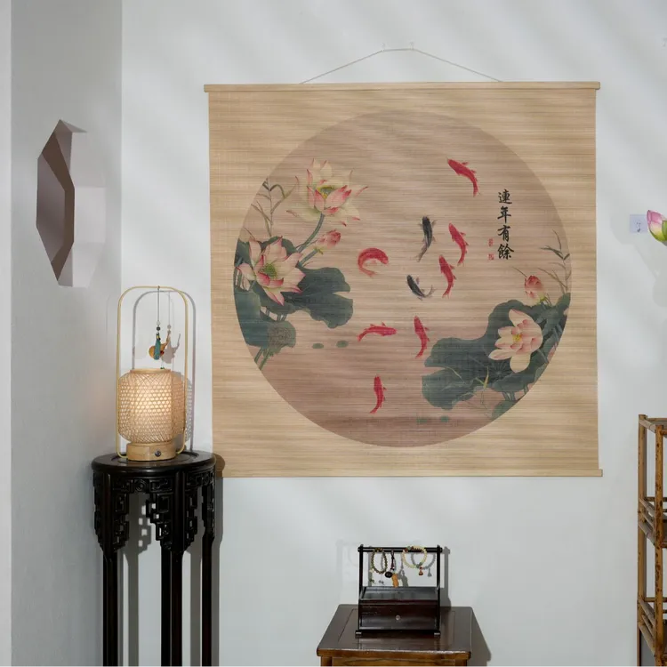 【年年有余】原创新中式锦鲤荷花图沙发背景墙茶室背景画编织禅意