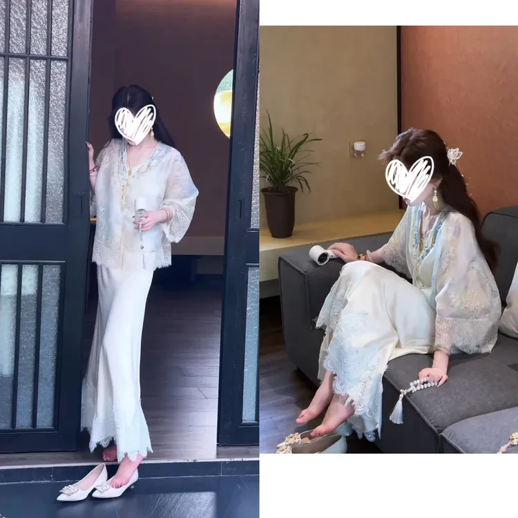 《步步生花》新中式国风V领长袖小衫上衣+蕾丝拼接半裙女氛围感穿搭