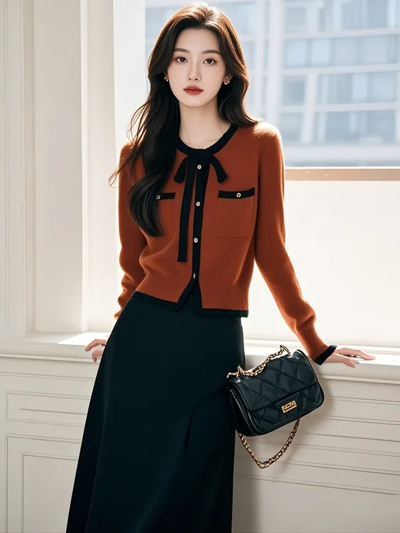 [工厂直销套装]秋冬新款小香风撞色针织开衫垂感半身裙X150+Q179