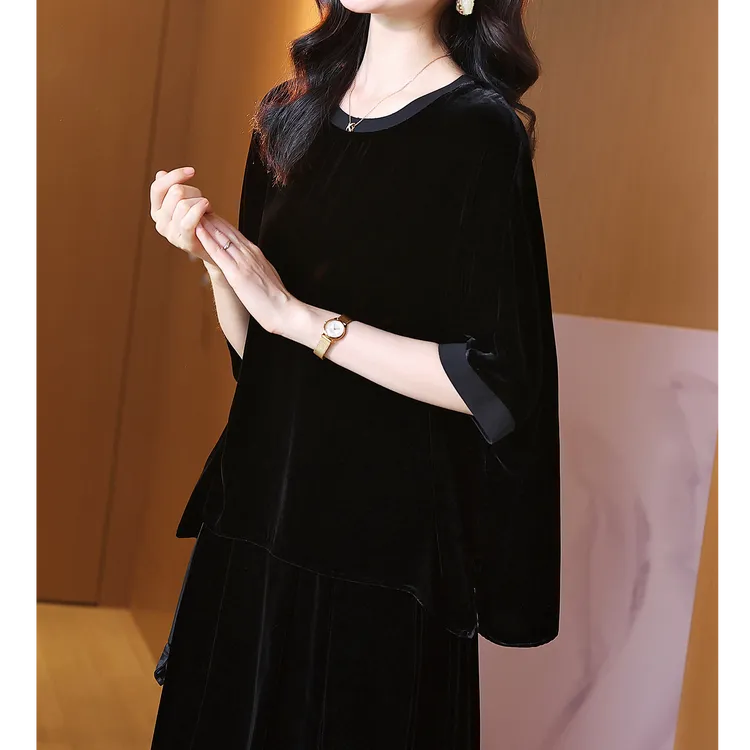 纯色短袖真丝丝绒上衣女圆领宽松优雅气质加大码休闲桑蚕丝t恤衫