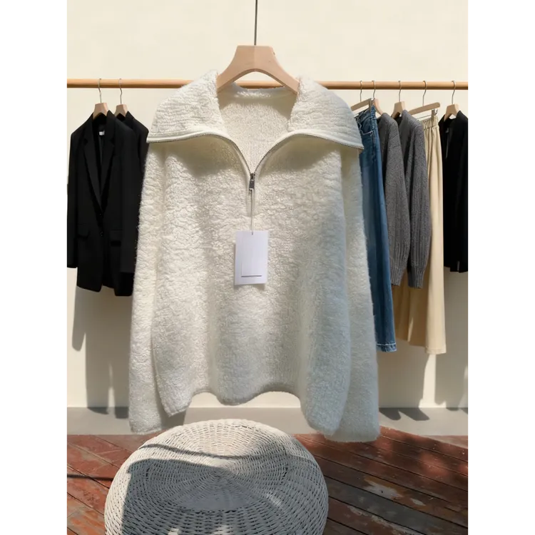 强烈推荐！不能错过！针织衫女大翻领拉链毛衣慵懒风宽松减龄上衣