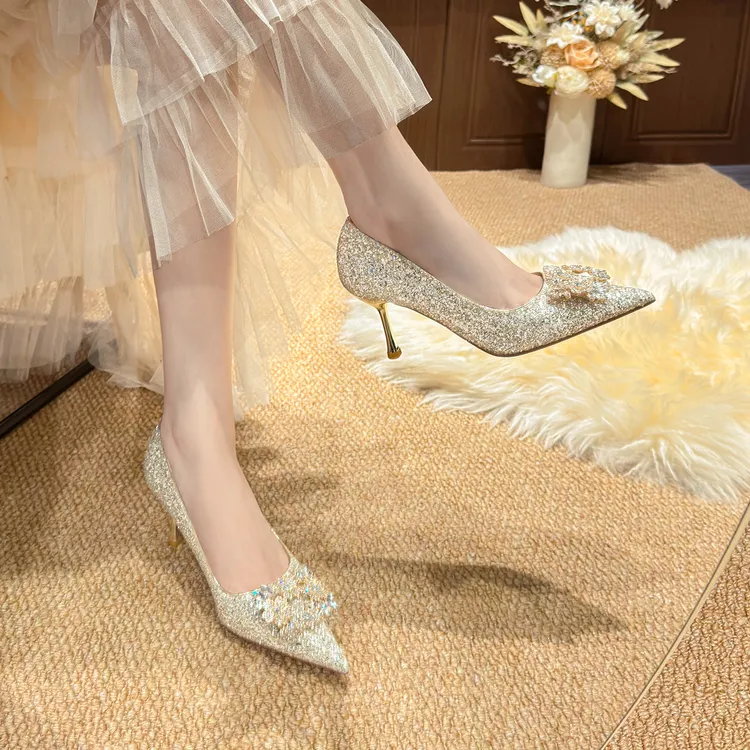 Yixin Girl 绝美爆闪水钻高跟鞋成年礼服宴会订婚鞋水晶鞋不累脚