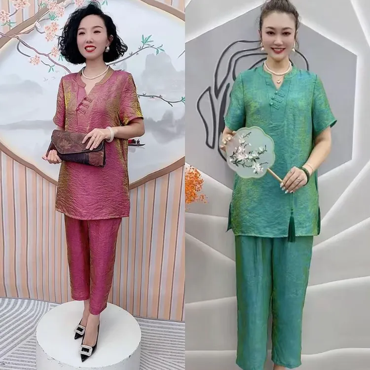 629阔太太高端国风夏季宽松大码洋气中长款上衣气质妈妈两件套装