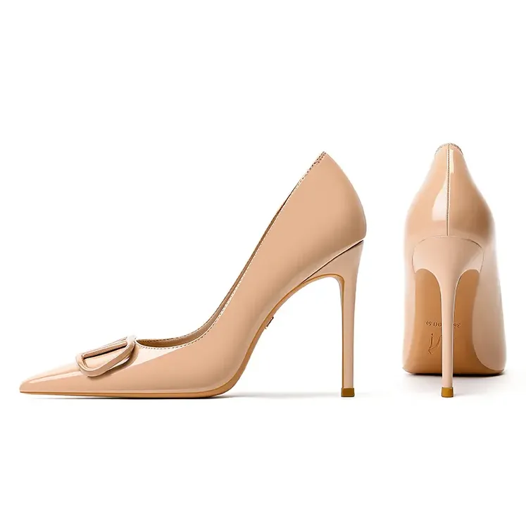 裸色漆皮高跟鞋2025年春季新款V字扣尖头细跟百搭浅口高跟鞋女鞋