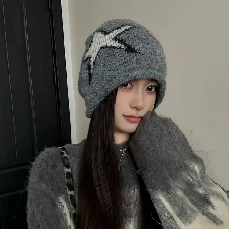V/雅鹿卷边针织堆堆帽秋冬保暖护耳套头冷帽韩版时尚星星针织帽子商品图