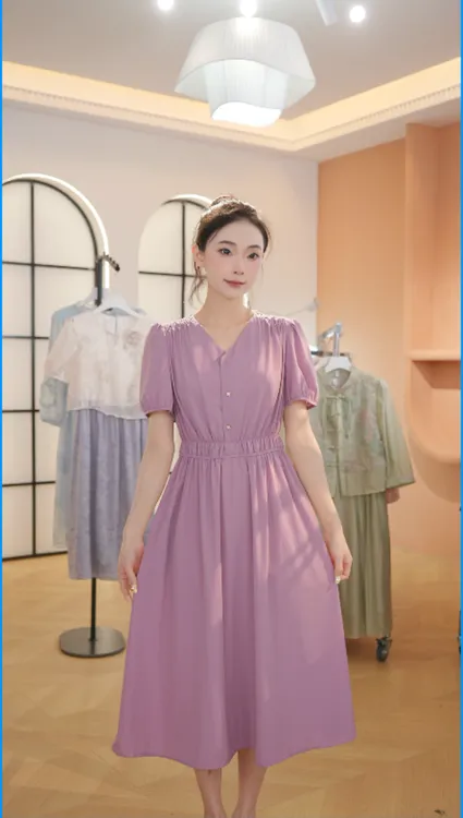 Z8276夏新款女装短袖连衣裙轻奢时尚收腰中长款裙子