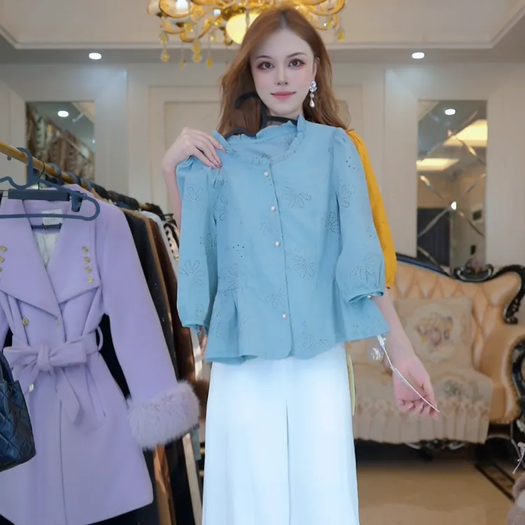 早秋法式2025时尚七分袖衬衫洋气刺绣小衫爆款百搭小衫显瘦女上衣