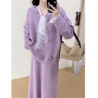 慵懒风韩系时尚套装针织秋冬蕾丝拼接花朵上衣冬季宽松甜美两件套
