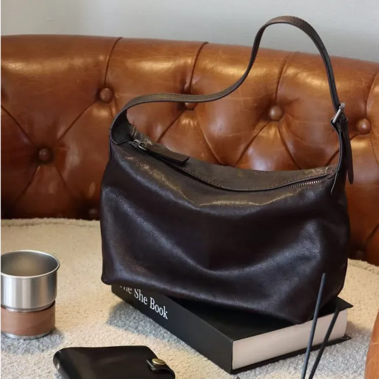 明星同款植鞣牛皮腋下经典hobo包通勤单肩斜挎真皮饺子包女