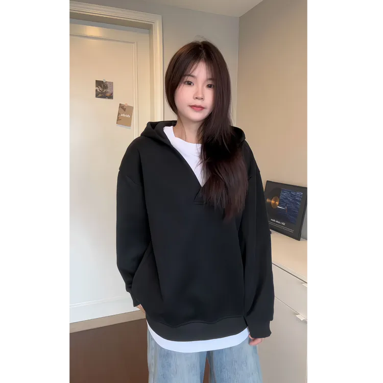 美式cleanfit简约假两件连帽卫衣男秋冬加绒设计感外套重磅休闲