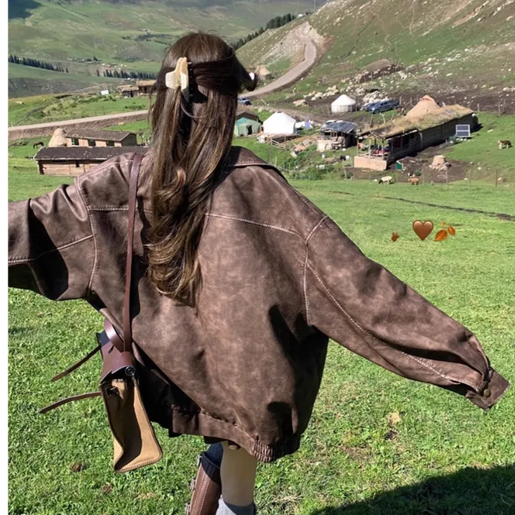 皮衣外套女2025新款早秋外套棕色复古英伦风酷飒美拉德做旧皮夹克