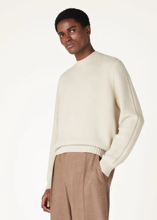 23000版”康赛妮羊毛羊绒混纺纱 拼接针织坑条圆领针织衫