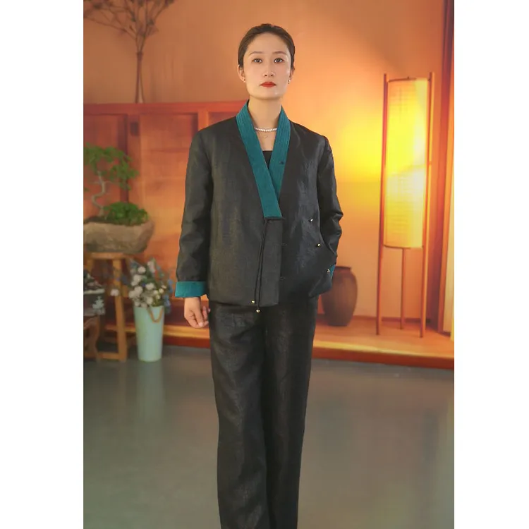 【冰蚕锦】香云纱龟裂纹拼接新中式国风盘扣保休闲暖羽绒服