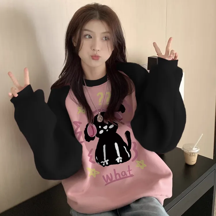 女大童假两件插肩袖卫衣春秋冬2025新款加绒初中生圆领上衣宽松版