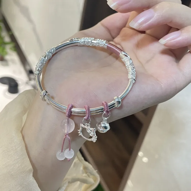 足银手镯 足银999.9繁花似锦手镯HelloKitty手镯实心银手镯520