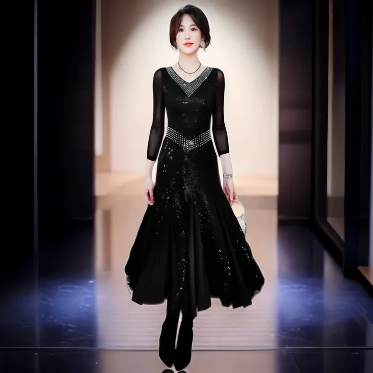 黑色春夏防晒袖连衣裙优雅摩登轻奢年会大摆气质时尚烫钻连衣裙