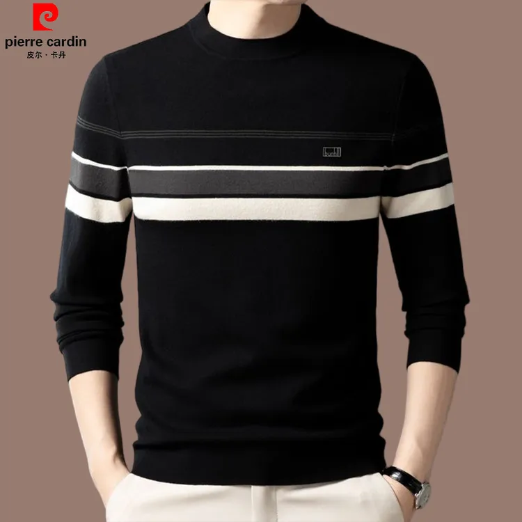 皮尔卡丹【国际大牌】高档男士羊毛衫半高领保暖针织条纹打底衫毛衣