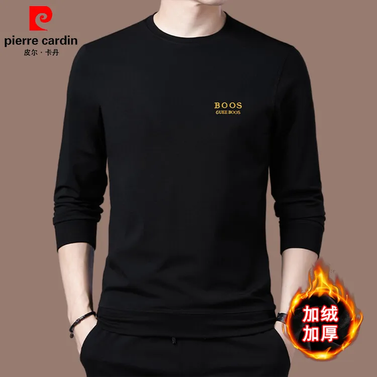 皮尔卡丹正品高档男士休闲长袖加绒加厚保暖打底衫圆领潮流男装冬