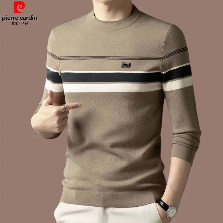 皮尔卡丹【国际大牌】高档正品男士羊毛衫半高领保暖条纹毛衣2025冬