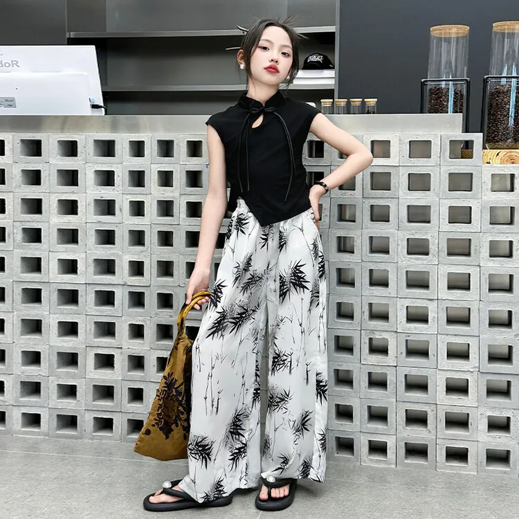 女童中国风套装2024夏装新款盘扣时尚上衣新中式水墨画竹叶阔腿裤