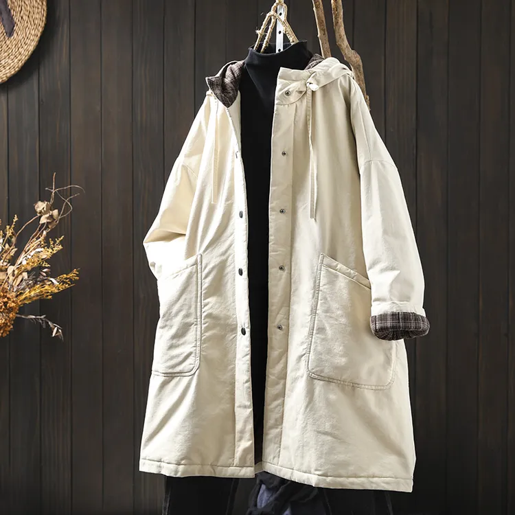 超好看夹棉厚外套女2025冬新款连帽双口袋中长款大码宽松保暖棉服