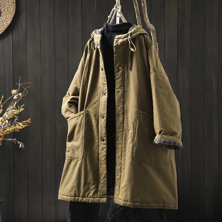 大口袋纯棉连帽中长款棉服外套女宽松大码冬复古休闲加厚保暖棉袄