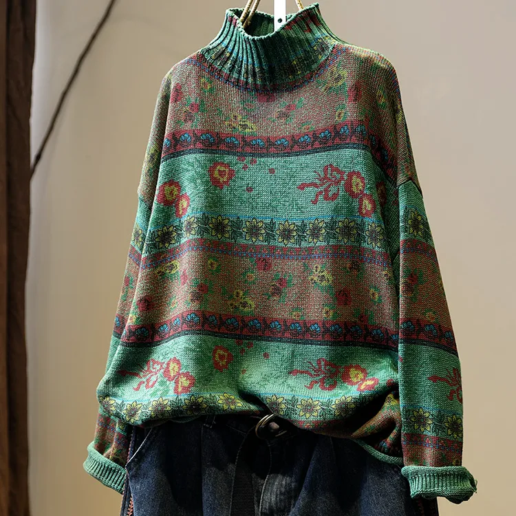 复古印花半高领棉线毛衣女秋装新宽松大码套头不起球打底针织线衣