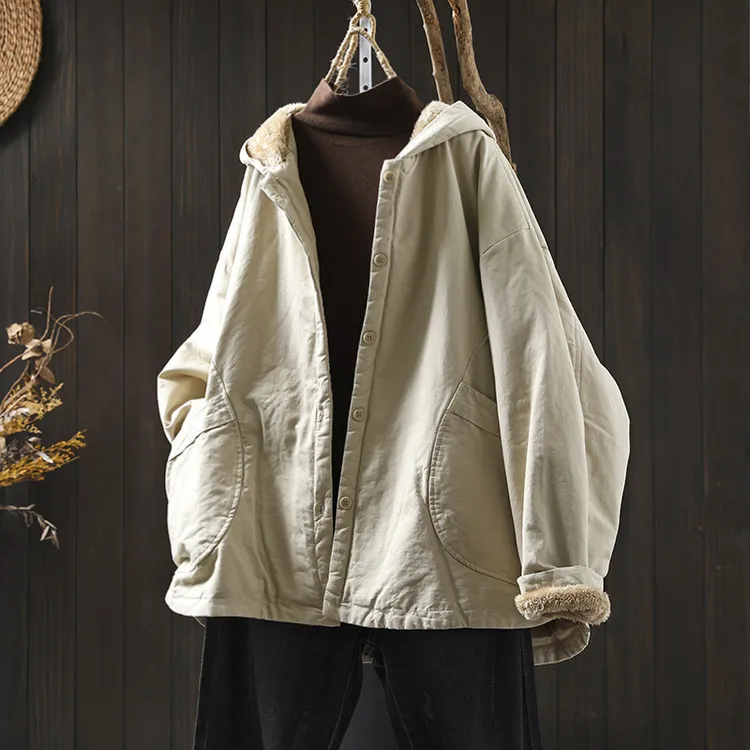 连帽加绒棉衣外套女宽松大码秋冬新款复古休闲保暖加厚棉服棉袄