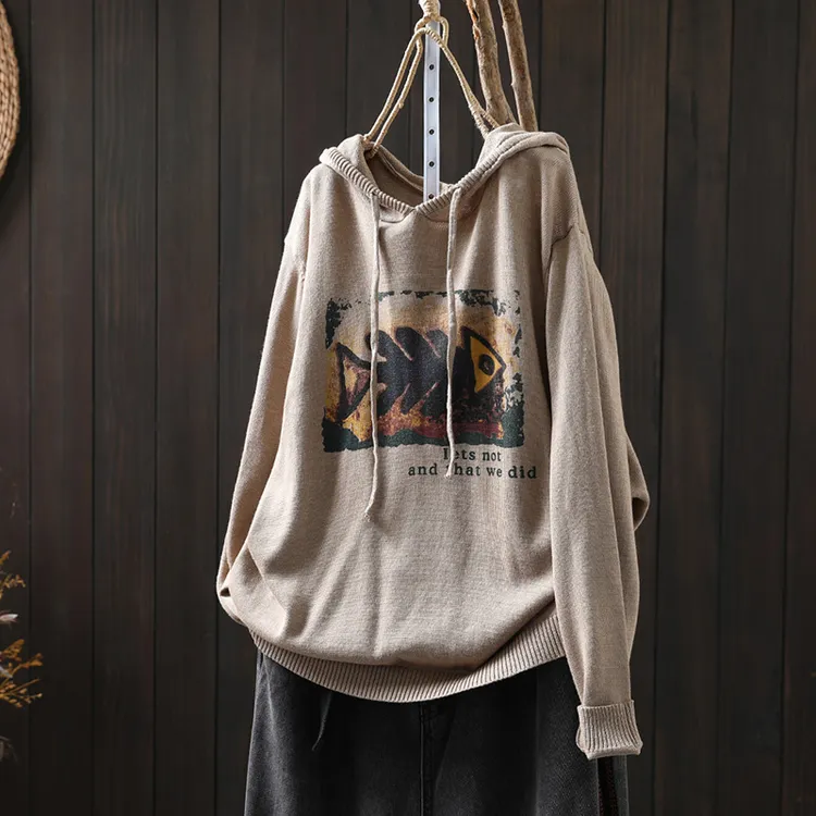 鱼印花连帽棉线毛衣女宽松长袖春装复古休闲套头外穿打底针织线衣