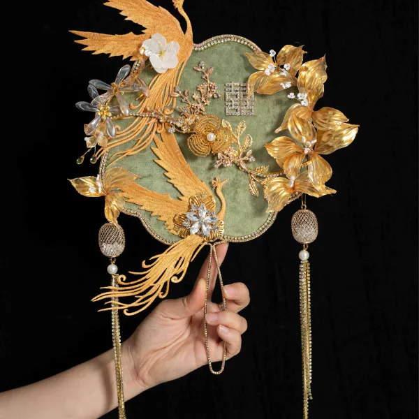 日月原创富贵花金色凤凰新娘服配饰团扇古风喜扇结婚新中式手捧花