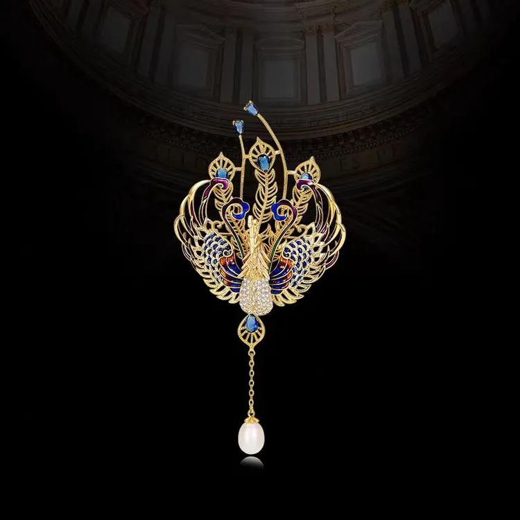 合金胸针 国风百鸟朝凤奢华珐琅凤凰胸针女灵动流苏高档别针配饰