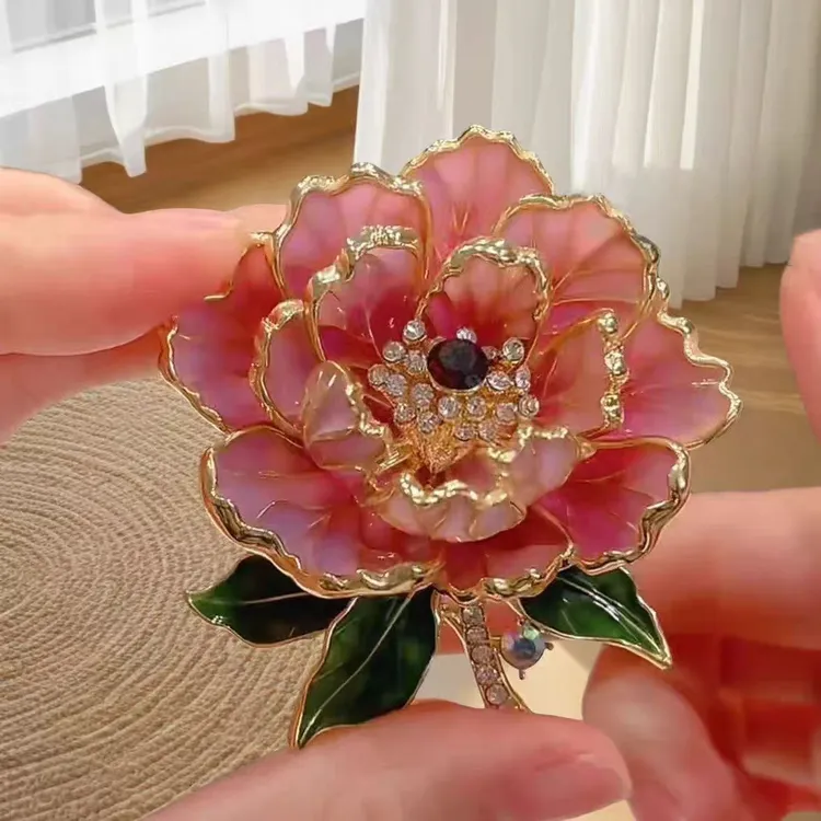 合金胸针 高档牡丹花胸针女新中式古典胸花气质别针花朵旗袍配饰