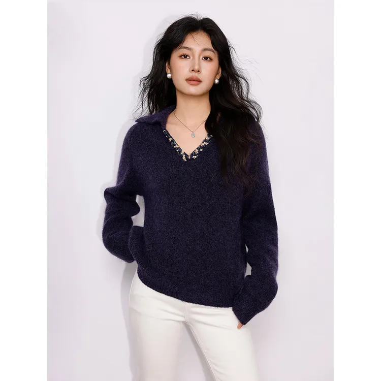 Rightcell 山羊绒套头毛衣女2024新款冬季紫色V领羊毛针织衫上衣