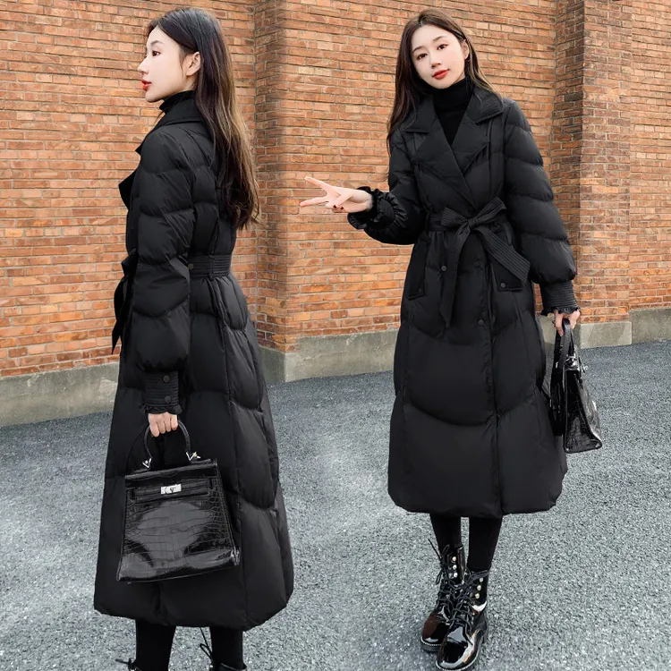 2025新款女装冬季修身收腰长款羽绒服女黑色长过膝外套西装领系带