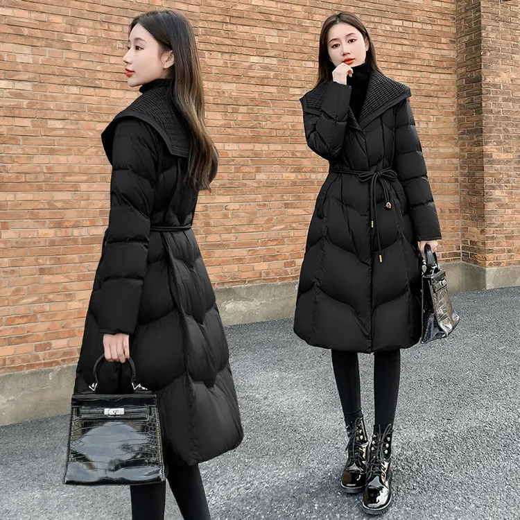 2025新款女装冬季修身收腰中长款羽绒服女黑色翻领海军领外套系带
