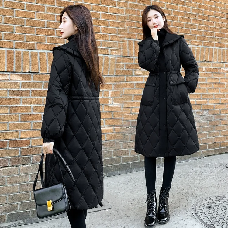 黑色显瘦娃娃领白鸭绒外套2025年新款女装冬季修身中长款羽绒服女