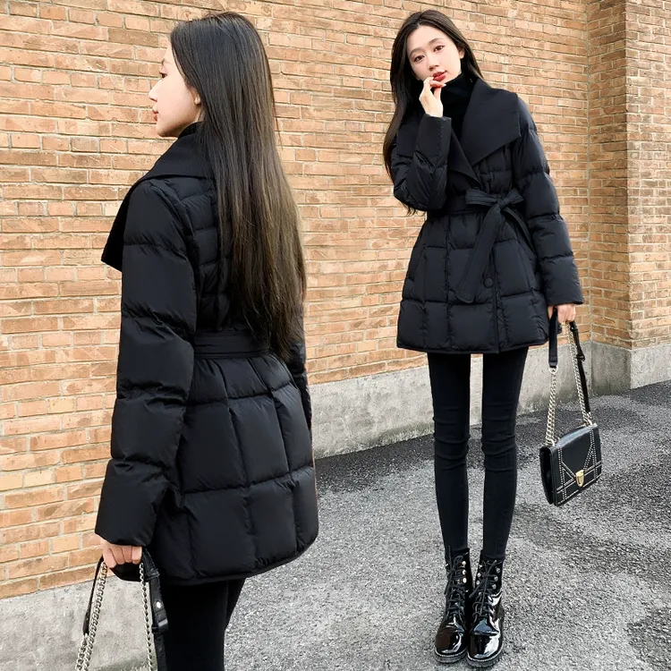 2025新款女装冬季修身收腰中长款羽绒服女小个子黑色显瘦翻领外套