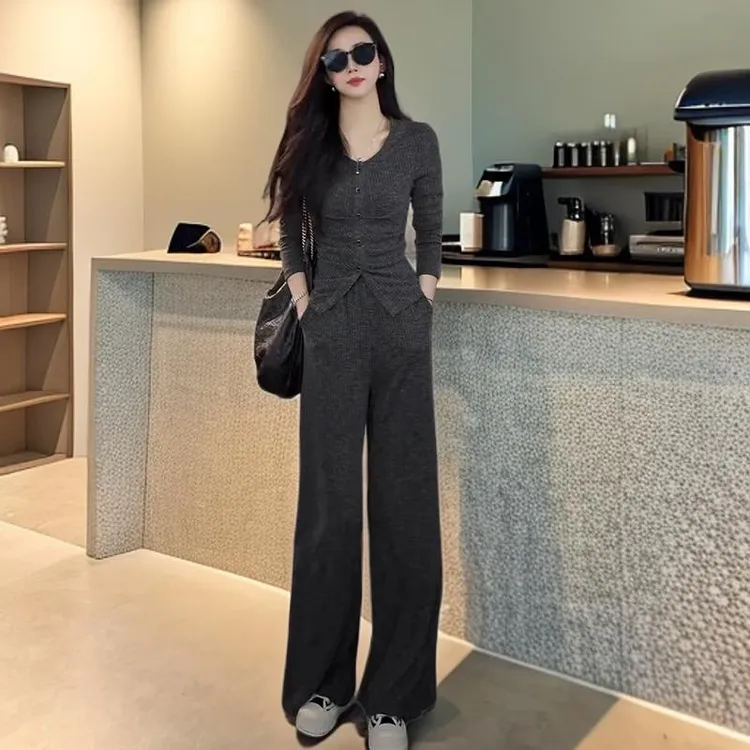 时尚套装长袖女2025早秋新款设计感修身显瘦T恤阔腿裤气质两件套