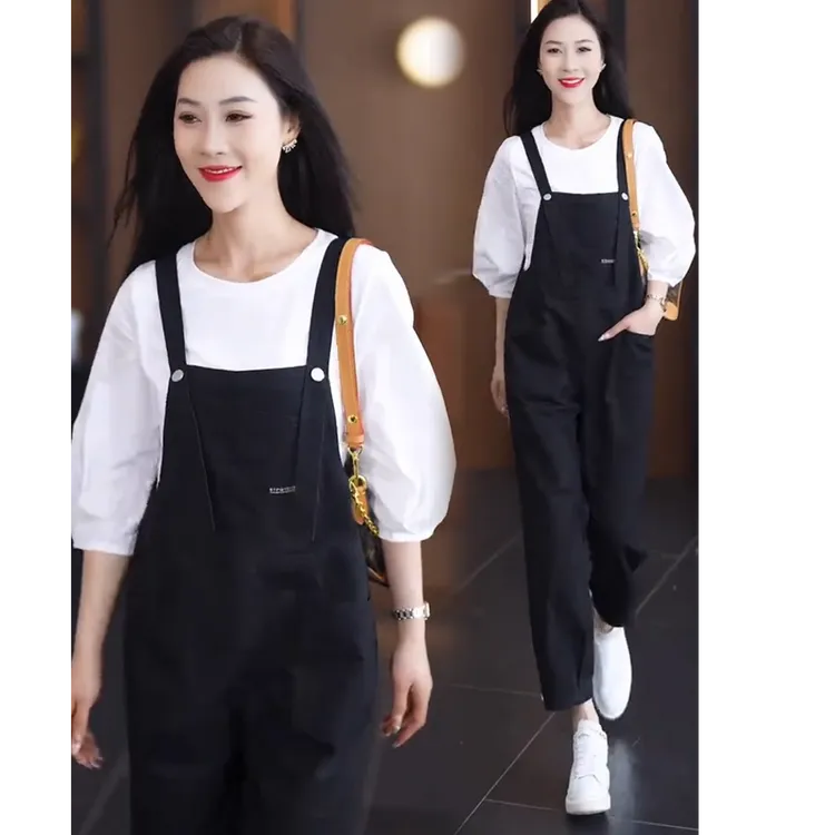 时尚背带裤套装女2023秋夏新款洋气减龄显瘦休闲T恤连体裤两件套