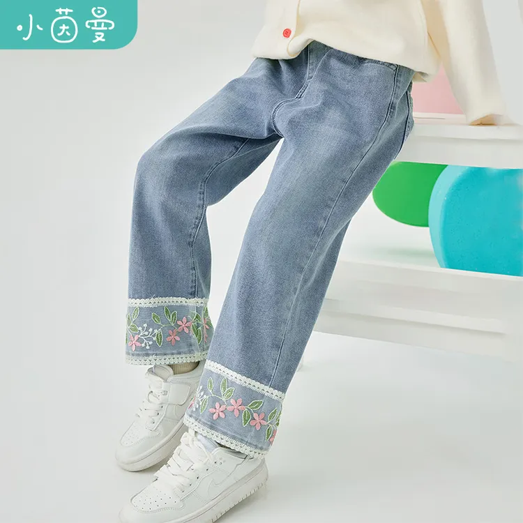 小茵曼女童牛仔裤花朵刺绣2025秋季休闲裤网纱拼接直筒裤O3843247