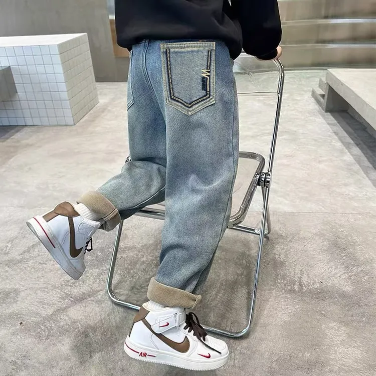 童装男童秋冬一体绒牛仔裤裤子2024新款中大童儿童韩版宽松时尚
