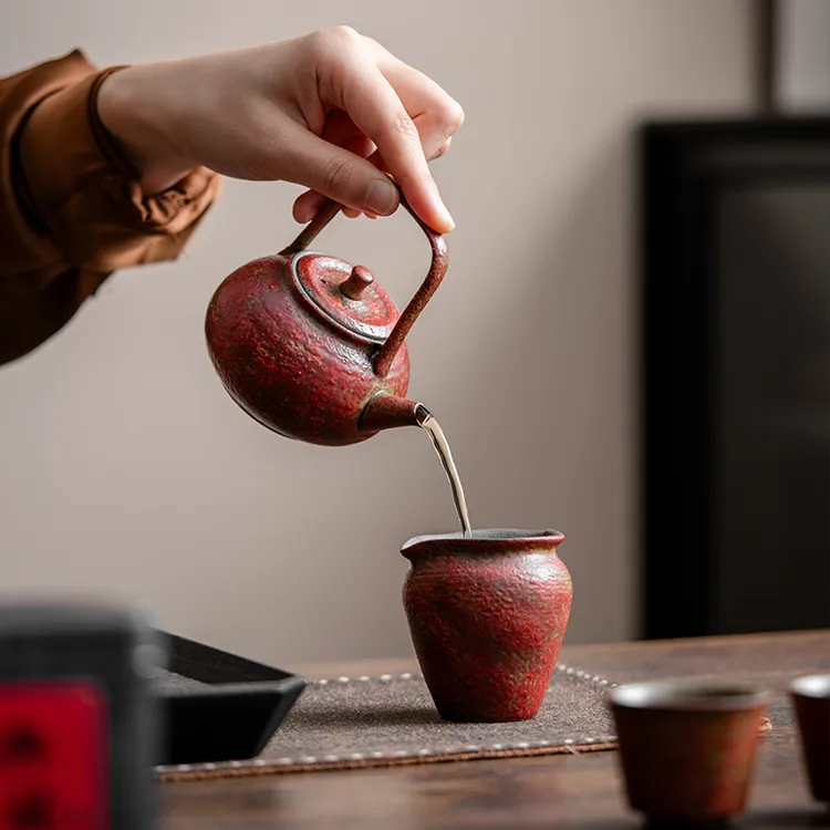 老岩泥满山红赭石釉提梁壶 泡茶壶家用复古岩矿中式防烫陶瓷茶具