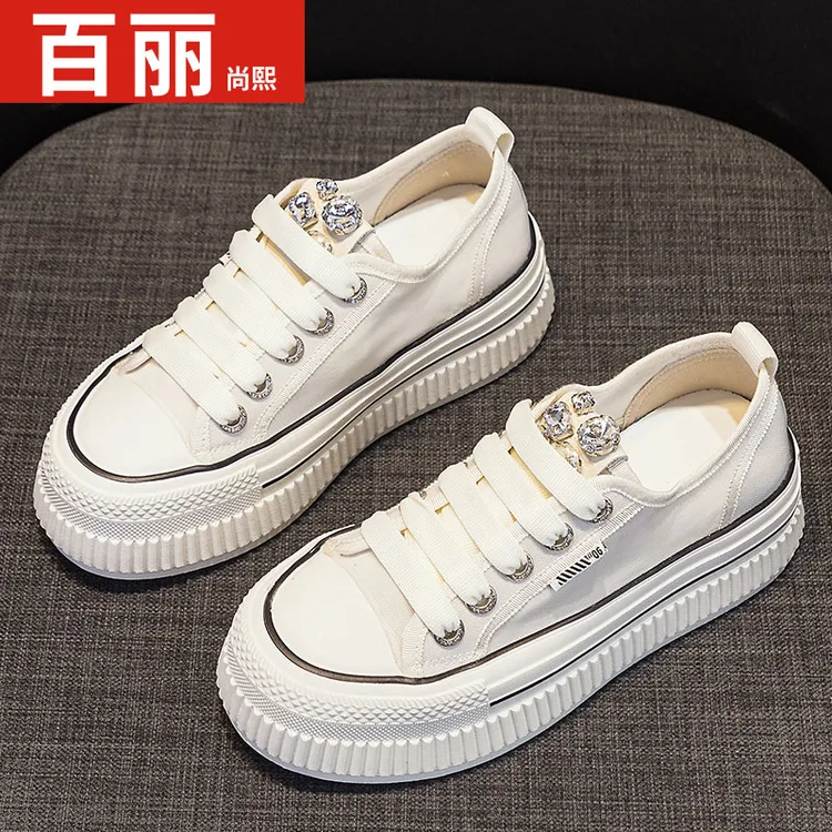 百丽尚熙网纱透气厚底小白鞋女2023夏季薄款水钻软底百搭休闲单鞋