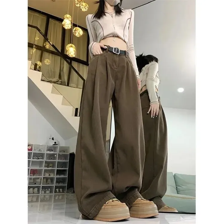 美式复古设计感咖色阔腿牛仔裤女秋冬高腰宽松显瘦直筒拖地裤子潮