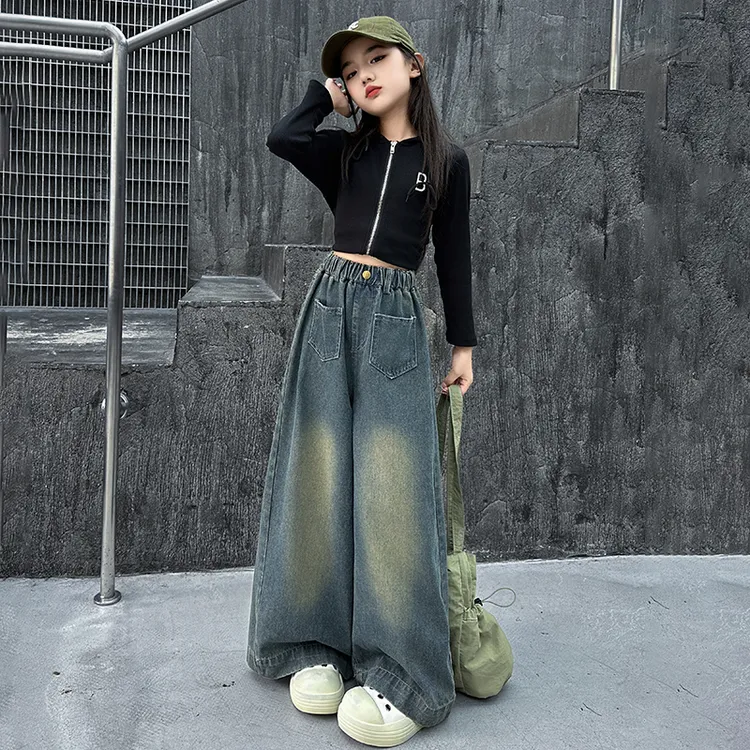 女童牛仔裤设计感春秋装2025新款中大童韩版洋气阔腿裤宽松拖地裤