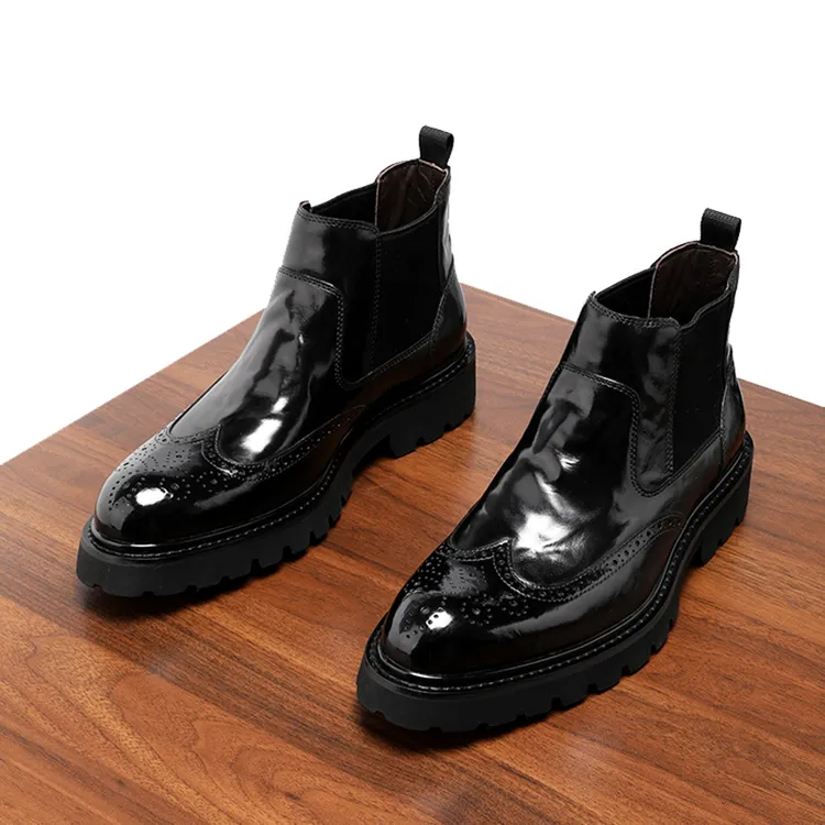 高端手抓纹胎牛皮切尔西靴男真皮靴子布洛克雕花高帮皮鞋软皮短靴