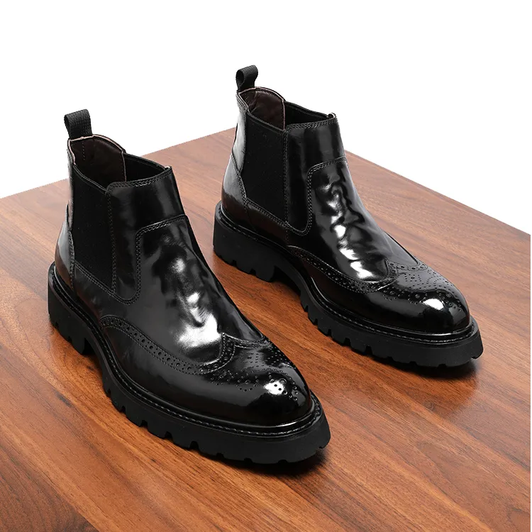 胎牛皮切尔西靴男真皮手抓纹靴子布洛克雕花高帮皮鞋加绒尖头短靴