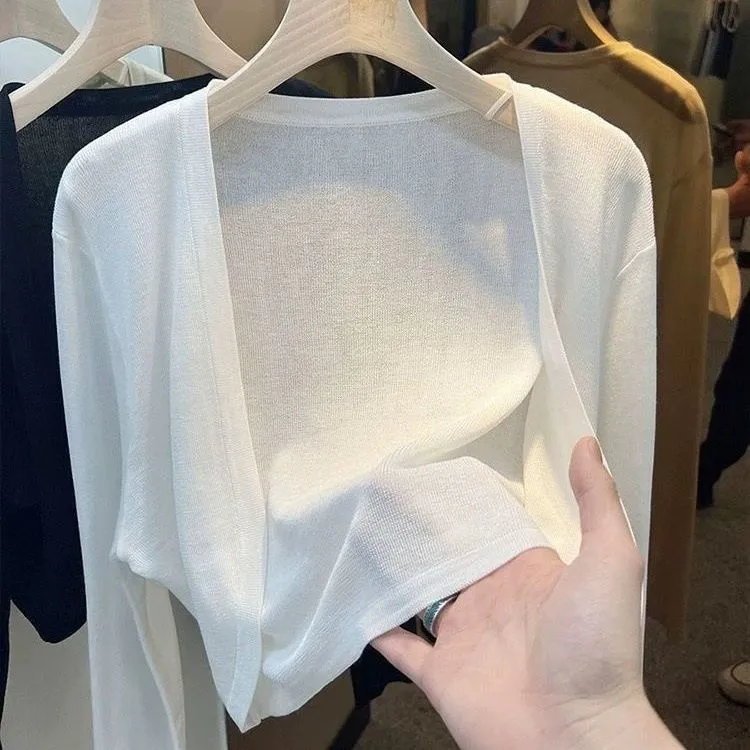 白色短款冰丝针织防晒开衫女薄款夏季吊带裙外搭薄纱坎肩外套罩衫